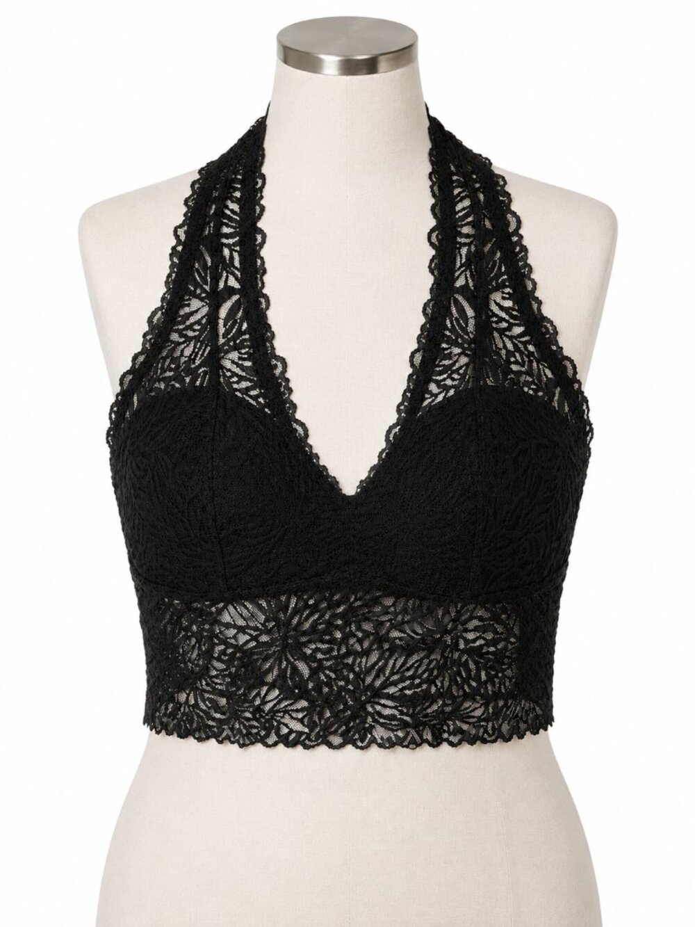 Aerie Black Lace Halter Bralette Large Longline Floral Boho Romantic